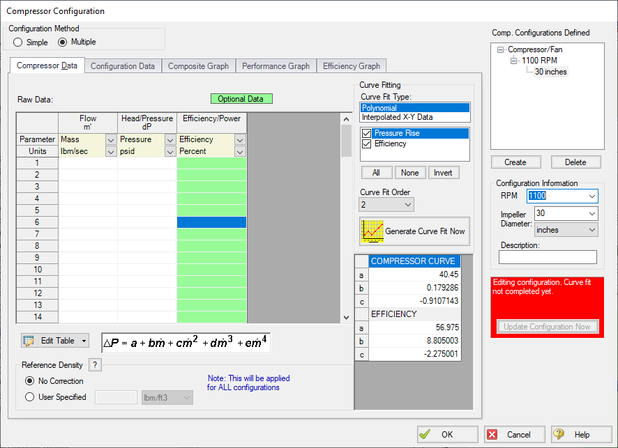 The Compressor Configuration window is sown with the Multiple Configuration option selected. New Configuration Information has been entered in order to create a new Configuration.